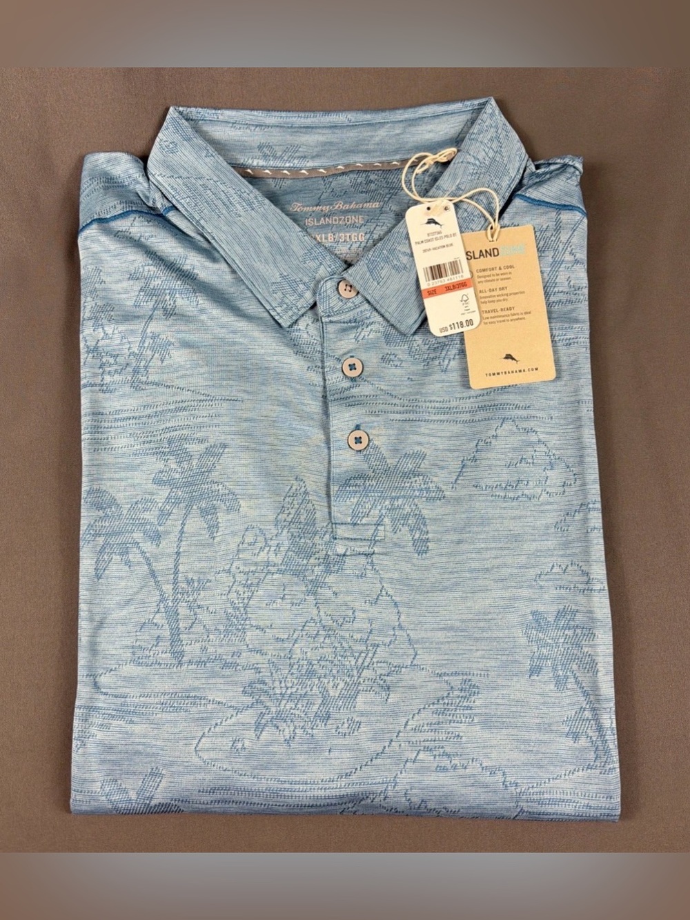 Tommy Bahama Golf Shirt Polo Palm Coast Isle Print 3XLB Blue Polyester MSRP $118